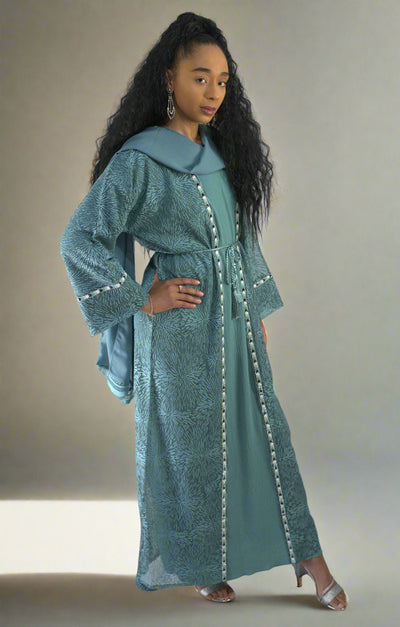 Turquoise Net Embellished Abaya 3 Piece with Zebra Embellishments Over Coat and Belt