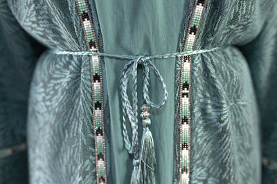 Turquoise Net Embellished Abaya 3 Piece with Zebra Embellishments Over Coat and Belt