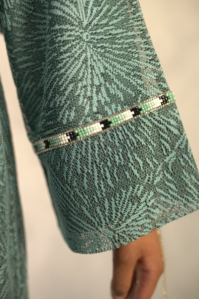 Turquoise Net Embellished Abaya 3 Piece with Zebra Embellishments Over Coat and Belt