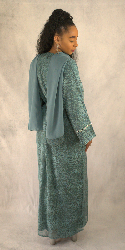 Turquoise Net Embellished Abaya 3 Piece with Zebra Embellishments Over Coat and Belt