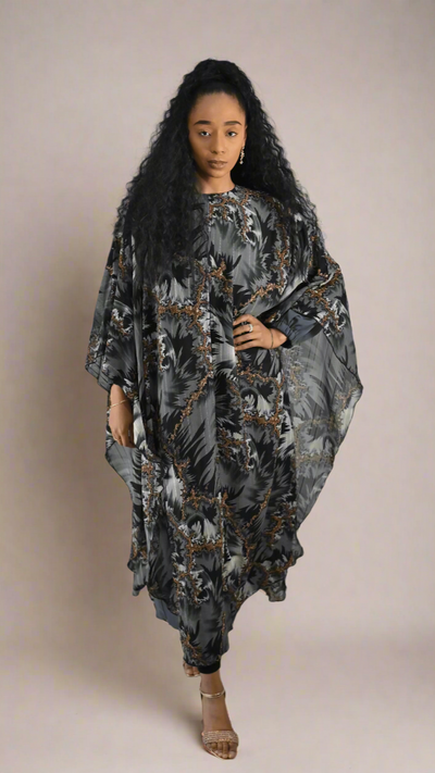 Wild Elegance: Duo-Color Animal Print Abaya with Grey Slip Dress