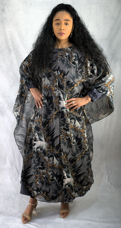Wild Elegance: Duo-Color Animal Print Abaya with Grey Slip Dress