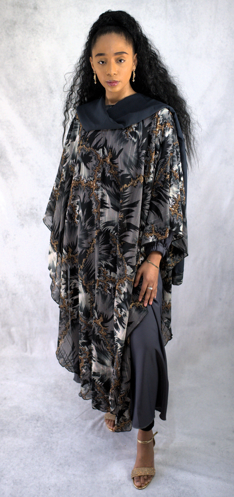 Wild Elegance: Duo-Color Animal Print Abaya with Grey Slip Dress