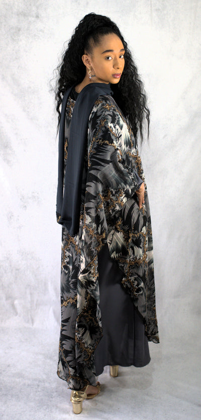 Wild Elegance: Duo-Color Animal Print Abaya with Grey Slip Dress