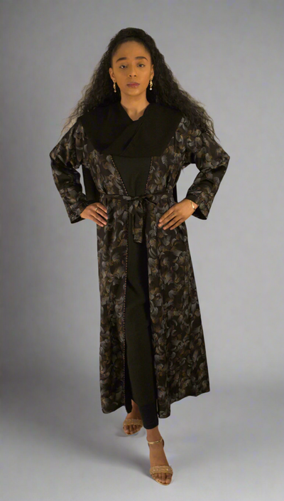 Stunning Gold & Grey Feather Print Abaya with Belt – Elegant 3-Piece Turkish Material Open Abaya