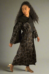 Stunning Gold & Grey Feather Print Abaya with Belt – Elegant 3-Piece Turkish Material Open Abaya