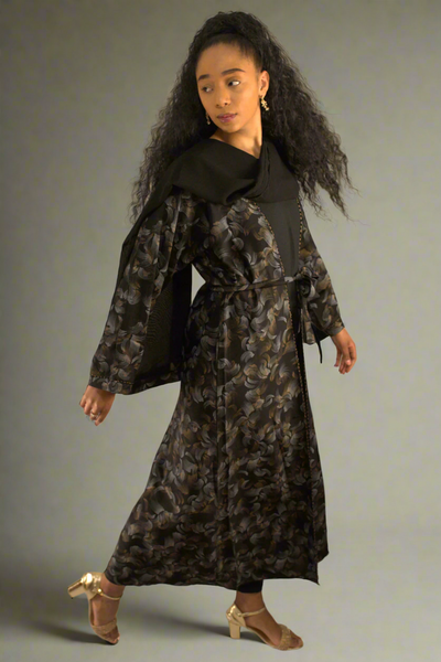 Stunning Gold & Grey Feather Print Abaya with Belt – Elegant 3-Piece Turkish Material Open Abaya