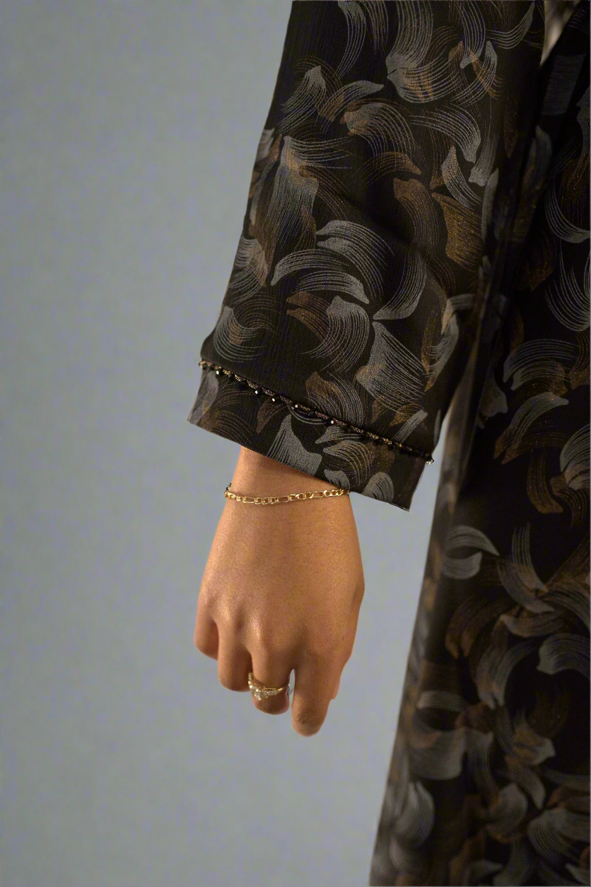 Stunning Gold & Grey Feather Print Abaya with Belt – Elegant 3-Piece Turkish Material Open Abaya
