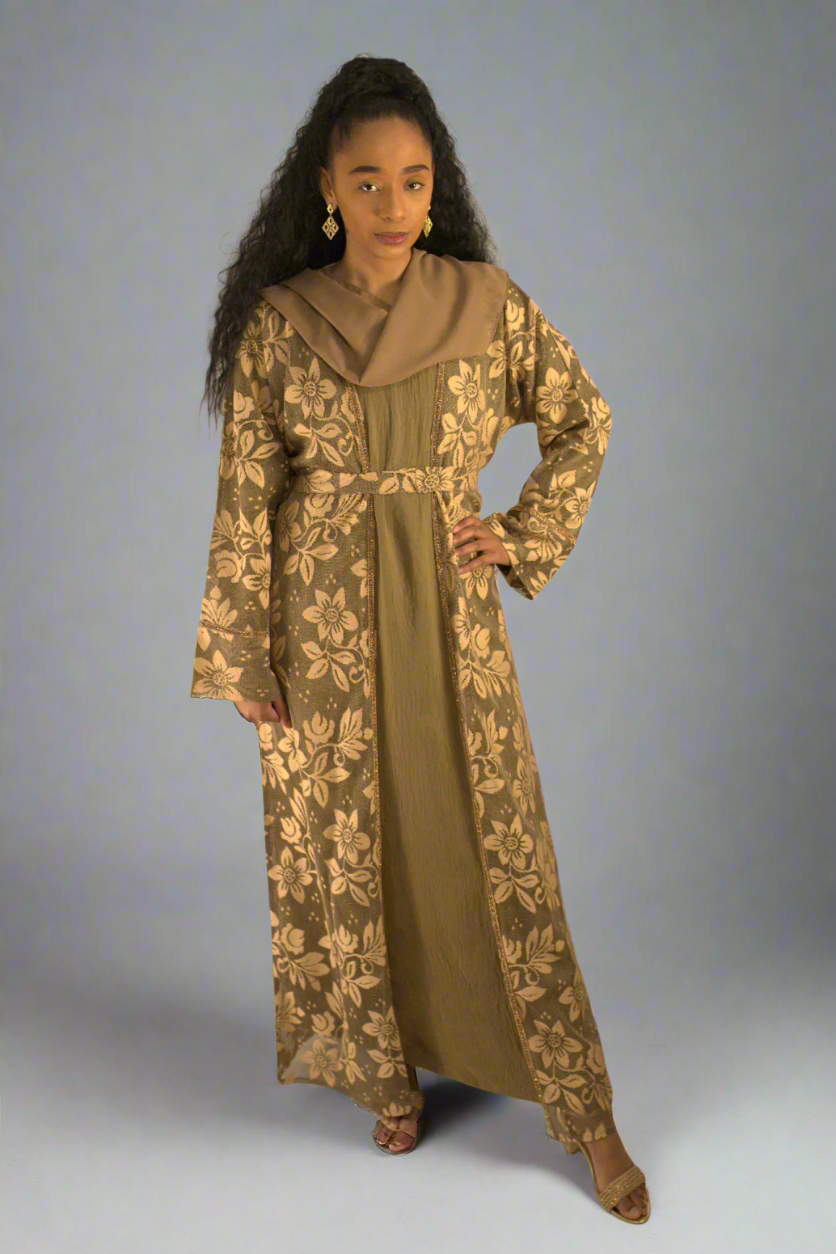 Luxury 3 Piece Embellished Abaya with Pattern Net Over Coat and Belt