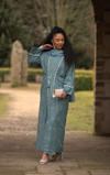 Turquoise Net Embellished Abaya 3 Piece with Zebra Embellishments Over Coat and Belt