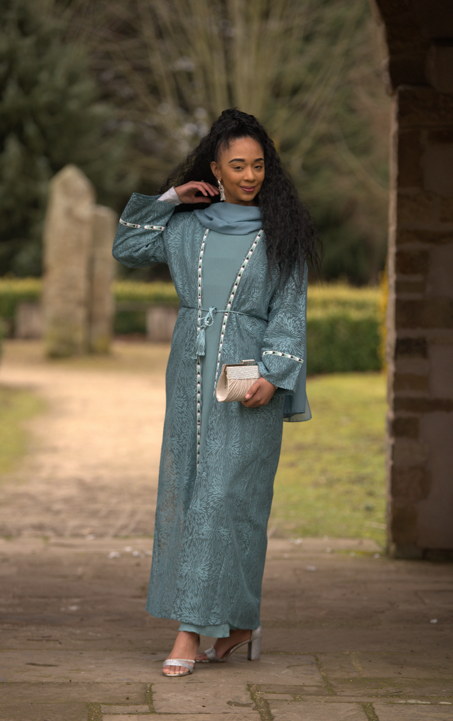 Turquoise Net Embellished Abaya 3 Piece with Zebra Embellishments Over Coat and Belt