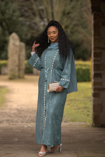 Turquoise Net Embellished Abaya 3 Piece with Zebra Embellishments Over Coat and Belt