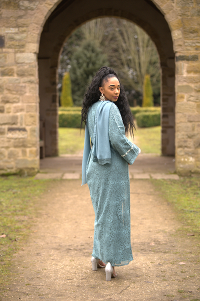 Turquoise Net Embellished Abaya 3 Piece with Zebra Embellishments Over Coat and Belt