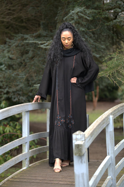 Elegant Korean Style Abaya With Rose Gold & Metallic Blue Embellishment