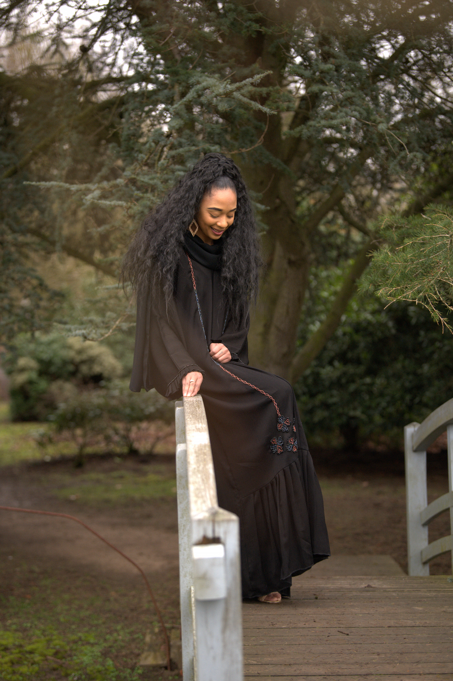 Elegant Korean Style Abaya With Rose Gold & Metallic Blue Embellishment
