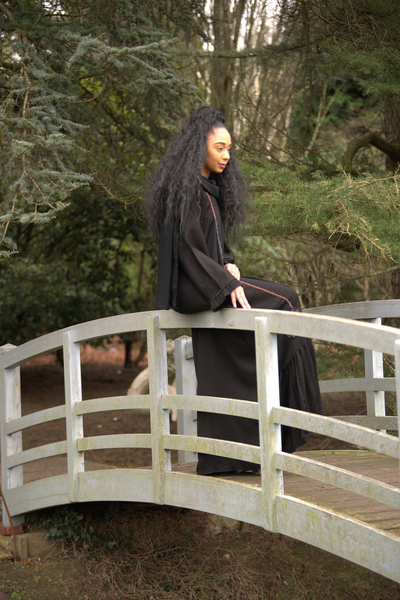 Elegant Korean Style Abaya With Rose Gold & Metallic Blue Embellishment