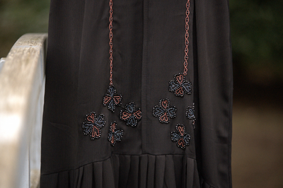 Elegant Korean Style Abaya With Rose Gold & Metallic Blue Embellishment