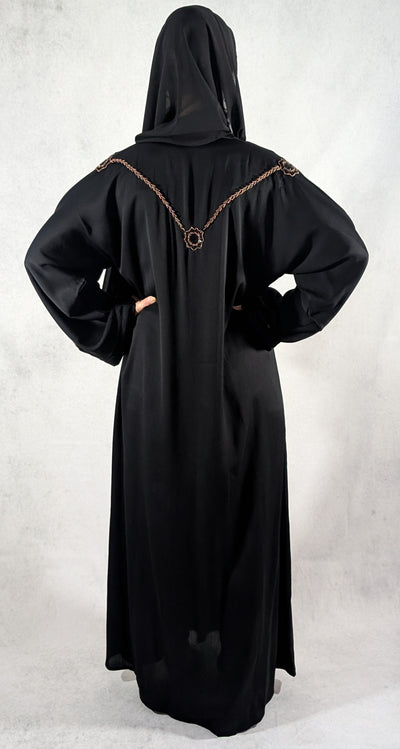 Stunning Dubai Handcrafted Abaya with Floral Rose Gold and Black Beaded Design