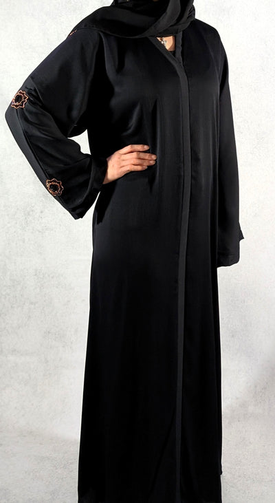 Stunning Dubai Handcrafted Abaya with Floral Rose Gold and Black Beaded Design