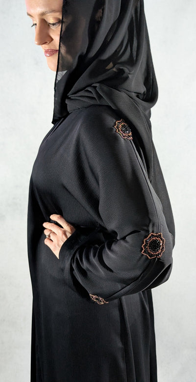 Stunning Dubai Handcrafted Abaya with Floral Rose Gold and Black Beaded Design
