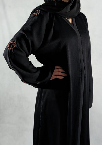 Stunning Dubai Handcrafted Abaya with Floral Rose Gold and Black Beaded Design
