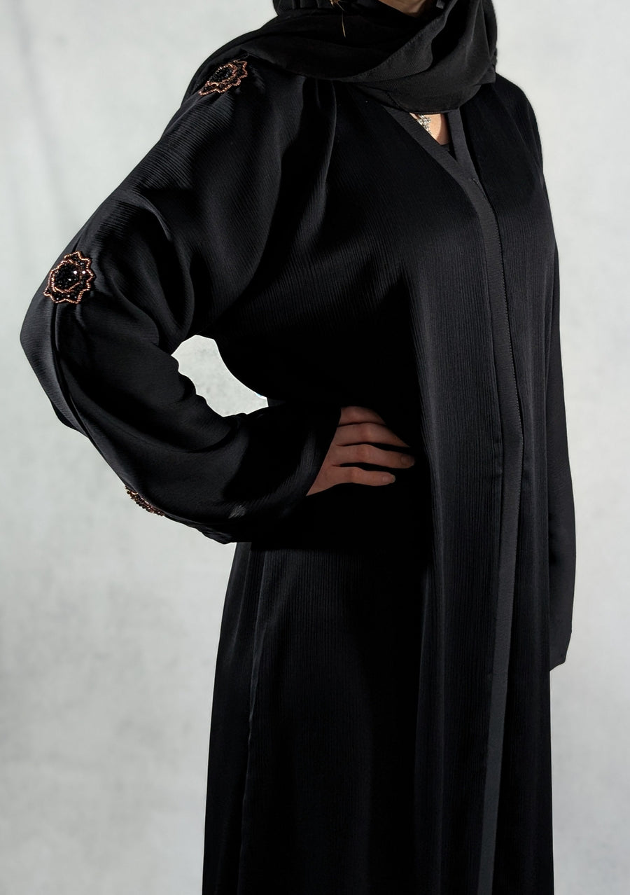 Stunning Dubai Handcrafted Abaya with Floral Rose Gold and Black Beaded Design