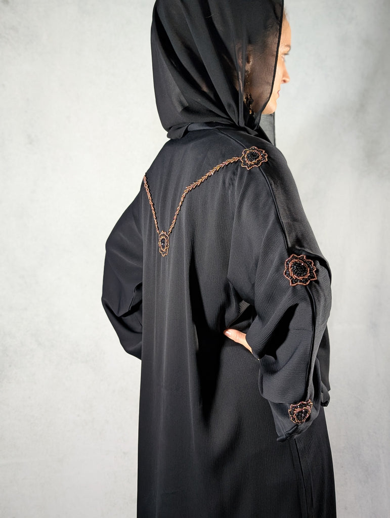 Stunning Dubai Handcrafted Abaya with Floral Rose Gold and Black Beaded Design