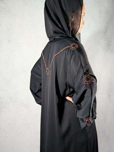 Stunning Dubai Handcrafted Abaya with Floral Rose Gold and Black Beaded Design