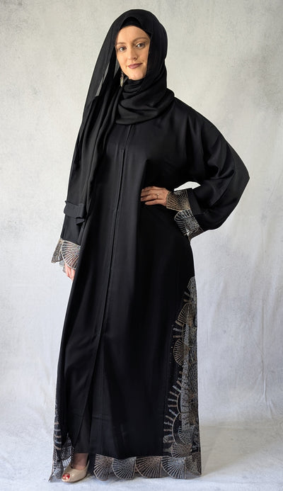 Stunning Black Open Abaya with Embroidered Lace