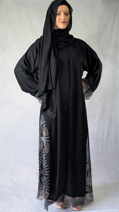 Stunning Black Open Abaya with Embroidered Lace