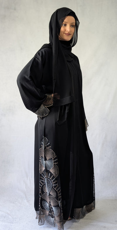 Stunning Black Open Abaya with Embroidered Lace