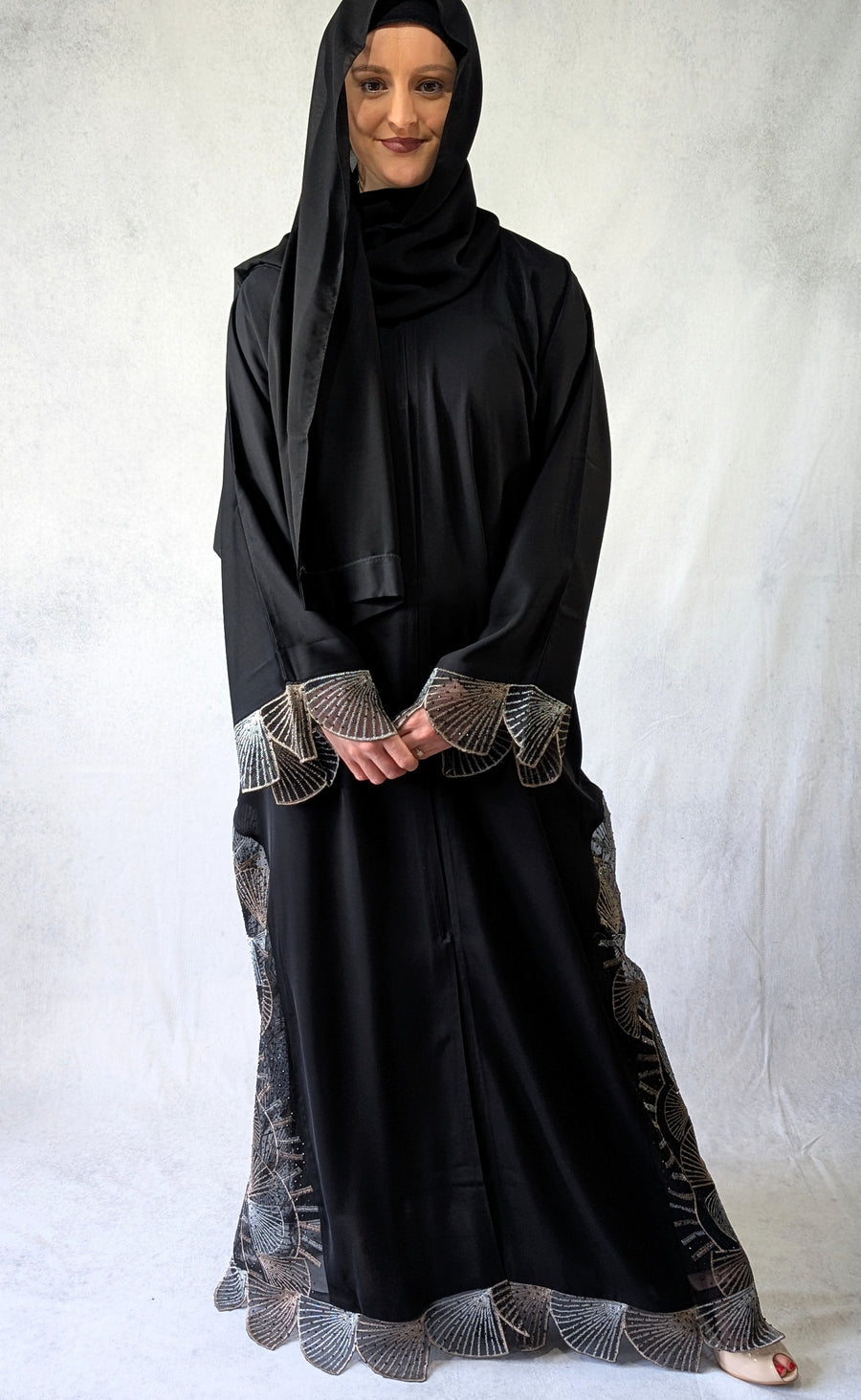 Stunning Black Open Abaya with Embroidered Lace