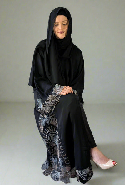Stunning Black Open Abaya with Embroidered Lace