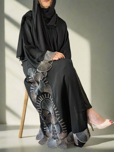 Stunning Black Open Abaya with Embroidered Lace