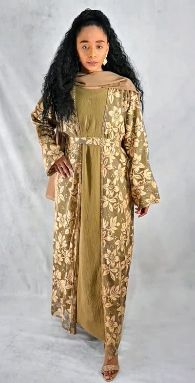 Luxury 3 Piece Embellished Abaya with Pattern Net Over Coat and Belt