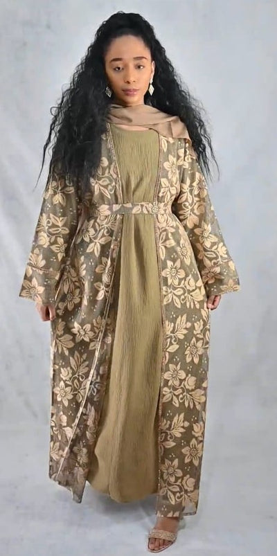 Luxury 3 Piece Embellished Abaya with Pattern Net Over Coat and Belt